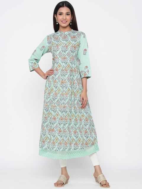 

Juniper Women Sage Green & Pink Floral Print A-Line Kurta