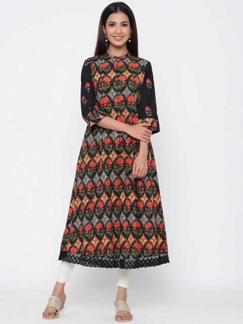 

Juniper Women Black & Orange Printed A-Line Kurta