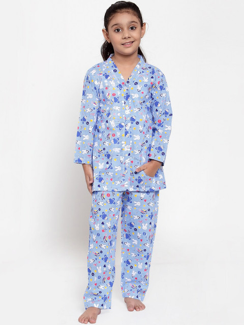 

Baani Creations Girls Blue Printed Night suit