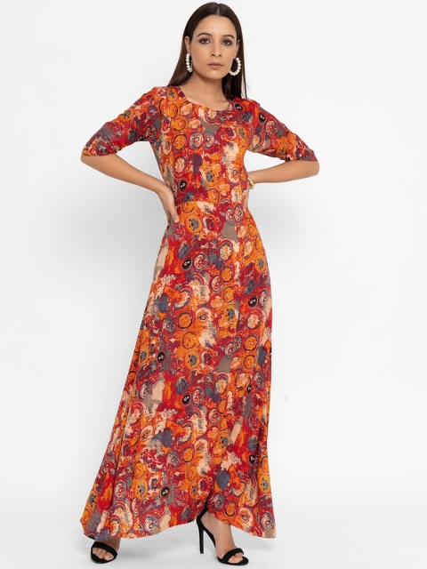 

trueBrowns Women Red & Orange Printed Maxi Dress