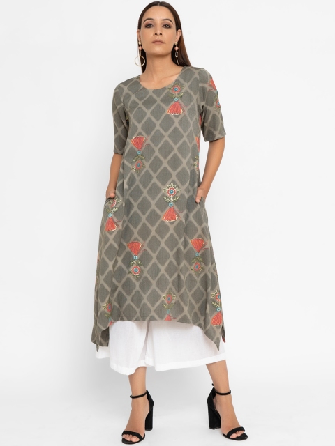 

trueBrowns Women Grey & Red Checked A-Line Kurta
