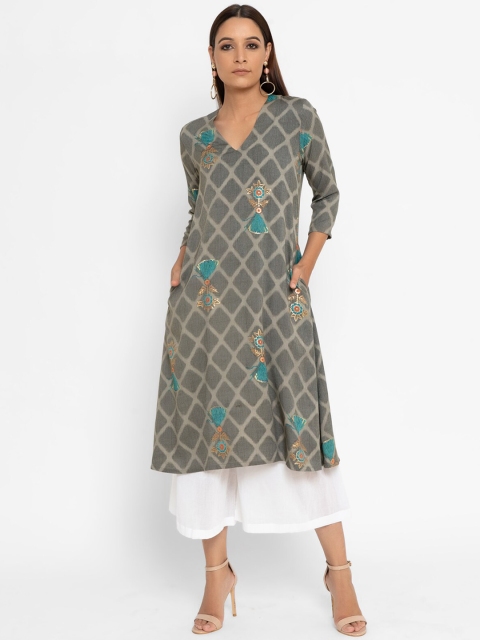 

trueBrowns Women Grey Checked A-Line Kurta