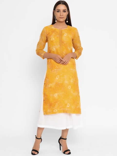 

trueBrowns Women Yellow Floral Printed Organza A-Line Kurta