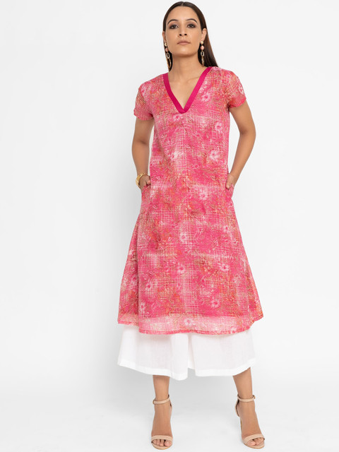 

trueBrowns Women Pink Floral Printed A-Line Kurta