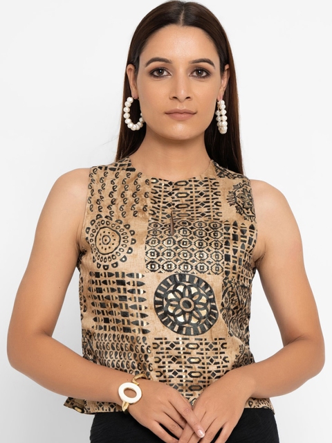

trueBrowns Women Beige & Black Foil Printed Silk Sleeveless Saree Blouse