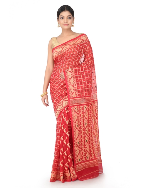 

PinkLoom Coral & Red Pure Cotton Woven Design Jamdani Saree
