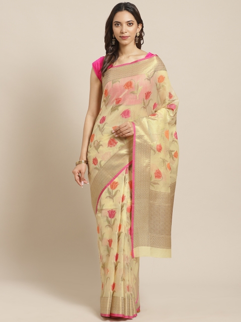 

BANARASI SILK WORKS Beige & Pink Zari Kota Jacquard Woven Design Banarasi Saree