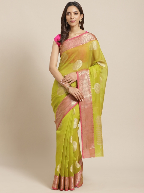 

BANARASI SILK WORKS Green & Pink Zari Woven Design Banarasi Saree
