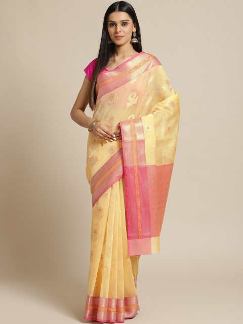 

BANARASI SILK WORKS Yellow & Pink Zari Woven Design Banarasi Saree