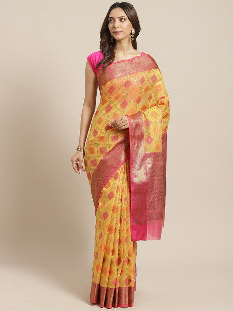 

BANARASI SILK WORKS Mustard Yellow & Pink Zari Kota Jacquard Woven Design Banarasi Saree