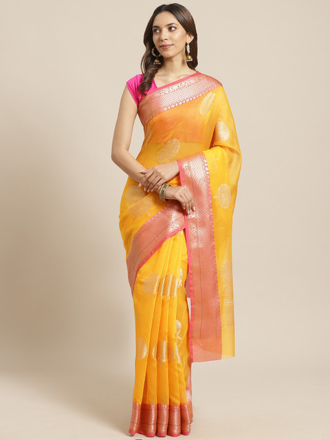 

BANARASI SILK WORKS Yellow & Golden Woven Design Banarasi Saree