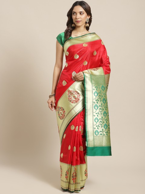 

BANARASI SILK WORKS Red & Golden Satin Silk Zari Woven Design Banarasi Saree