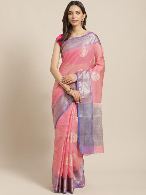 

BANARASI SILK WORKS Pink & Purple Kota Check Zari Woven Design Banarasi Saree