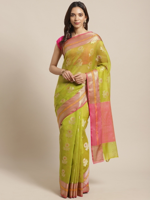 

BANARASI SILK WORKS Green & Pink Zari Woven Design Banarasi Saree