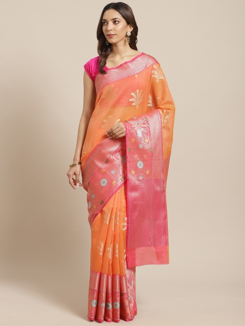 

BANARASI SILK WORKS Orange & Pink Ethnic Floral Zari Woven Design Banarasi Saree