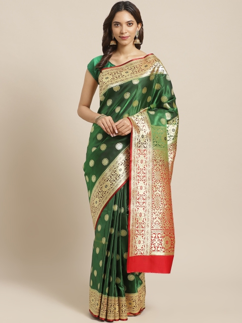 

BANARASI SILK WORKS Green & Golden Pure Silk Ethnic Zari Woven Design Banarasi Saree