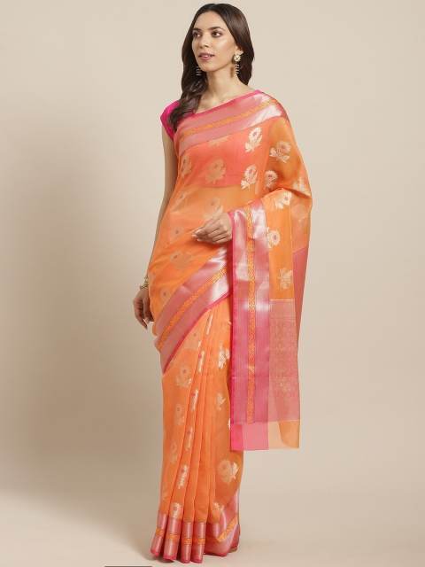 

BANARASI SILK WORKS Coral Orange & Golden Ethnic Zari Woven Design Banarasi Saree
