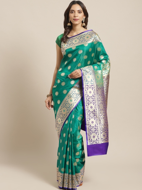 

BANARASI SILK WORKS Sea Green & Golden Pure Silk Ethnic Zari Woven Design Banarasi Saree