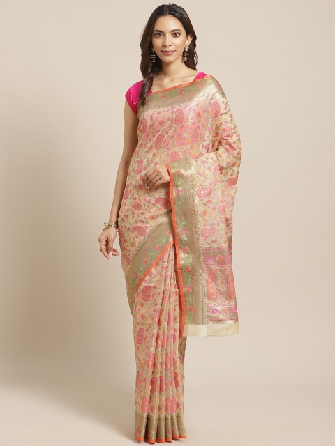 

BANARASI SILK WORKS Beige & Pink Organza Paisley Floral Zari Woven Design Banarasi Saree