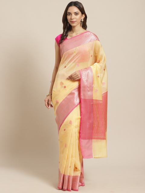 

BANARASI SILK WORKS Yellow & Pink Ethnic Floral Zari Woven Design Banarasi Saree