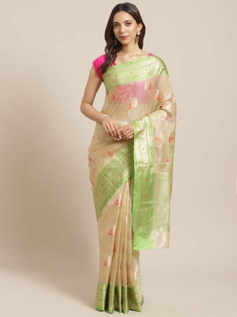 

BANARASI SILK WORKS Beige & Green Tissue Ethnic Floral Zari Woven Design Banarasi Saree