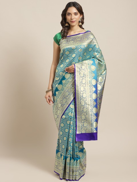 

BANARASI SILK WORKS Blue & Golden Pure Silk Ethnic Zari Woven Design Banarasi Saree