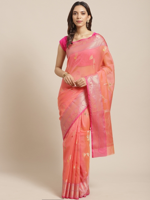 

BANARASI SILK WORKS Peach-Coloured & Pink Zari Ethnic Woven Design Banarasi Saree