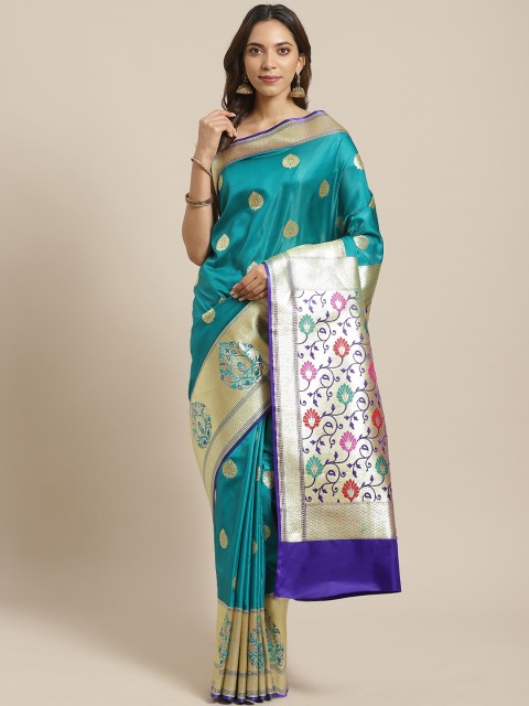 

BANARASI SILK WORKS Blue & Golden Pure Silk Woven Design Banarasi Saree