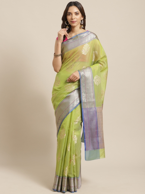 

BANARASI SILK WORKS Green & Golden Woven Design Banarasi Saree