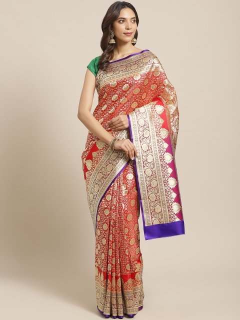 

BANARASI SILK WORKS Red & Golden Pure Silk Zari Ethnic Woven Design Banarasi Saree
