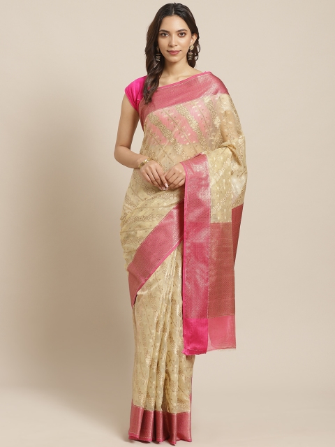 

BANARASI SILK WORKS Beige & Pink Organza Zari Ethnic Woven Design Banarasi Saree