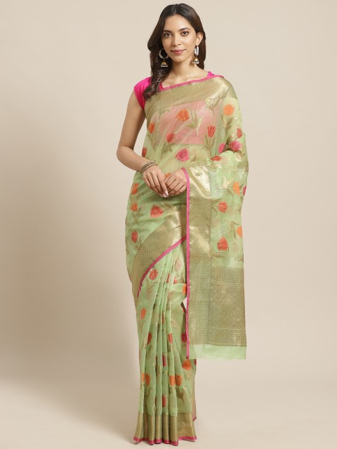 

BANARASI SILK WORKS Green & Orange Floral Woven Design Banarasi Saree