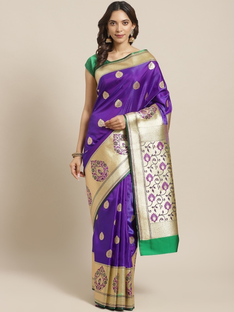 

BANARASI SILK WORKS Purple & Golden Pure Silk Zari Ethnic Woven Design Banarasi Saree