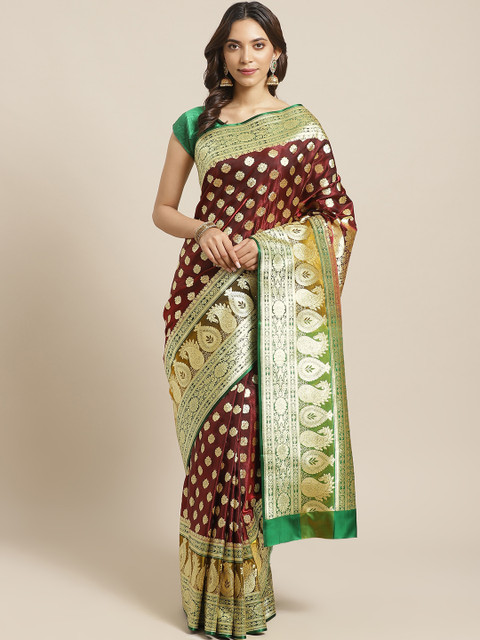 

BANARASI SILK WORKS Maroon & Golden Pure Silk Zari Ethnic Woven Design Banarasi Saree