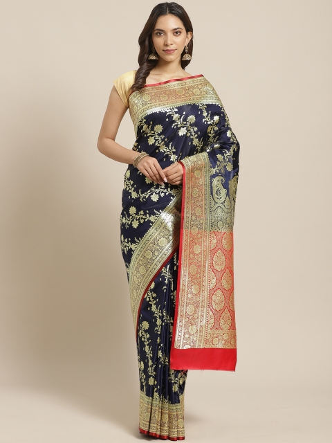 

BANARASI SILK WORKS Navy Blue & Golden Pure Silk Woven Design Banarasi Saree