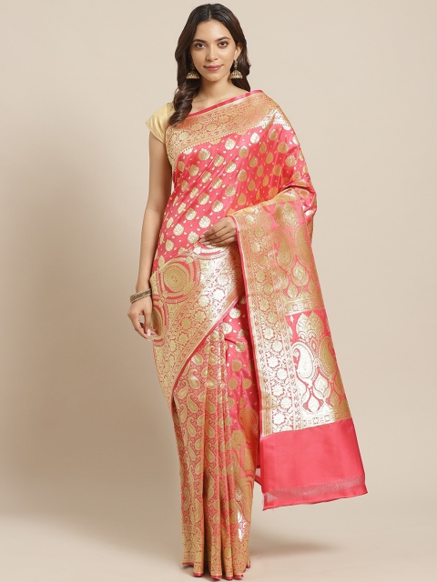 

BANARASI SILK WORKS Pink & Golden Pure Silk Zari Woven Design Banarasi Saree