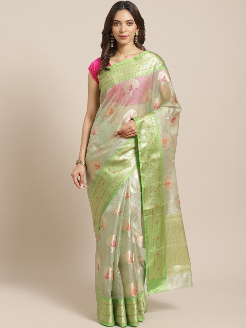 

BANARASI SILK WORKS Green & Golden Zari Ethnic Motifs Woven Design Banarasi Saree
