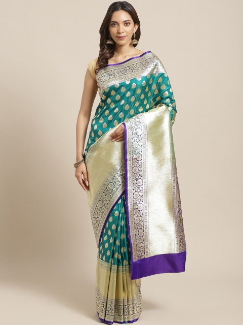 

BANARASI SILK WORKS Green & Golden Pure Silk Zari Woven Design Banarasi Saree