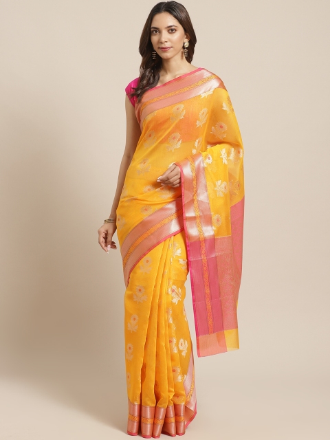 

BANARASI SILK WORKS Yellow & Pink Woven Design Zari Patola Banarasi Saree