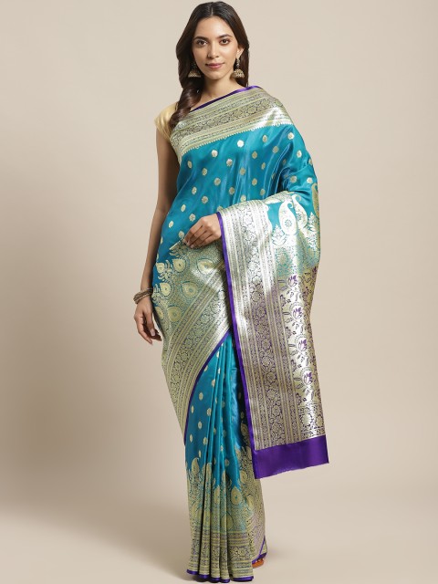 

BANARASI SILK WORKS Blue & Golden Pure Silk Zari Woven Design Banarasi Saree