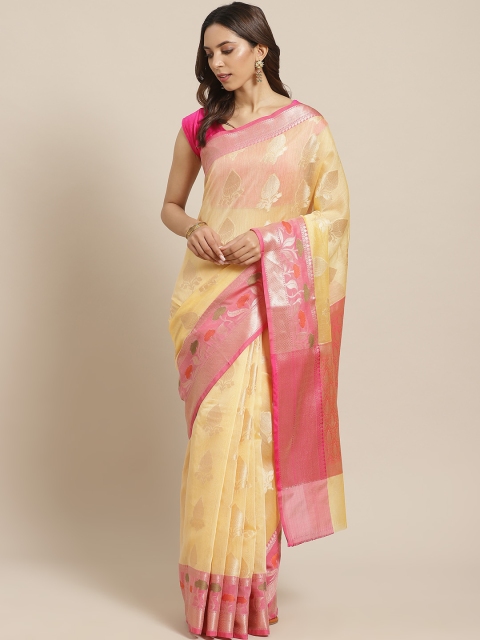 

BANARASI SILK WORKS Yellow & Pink Woven Design Zari Patola Banarasi Saree