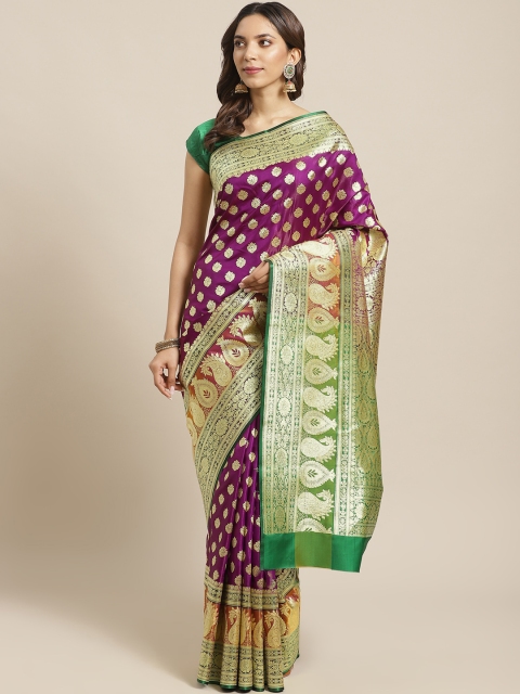 

BANARASI SILK WORKS Purple & Green Silk Brocade Banarasi Saree