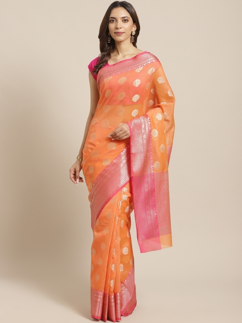 

BANARASI SILK WORKS Orange & Pink Woven Design Zari Patola Banarasi Saree