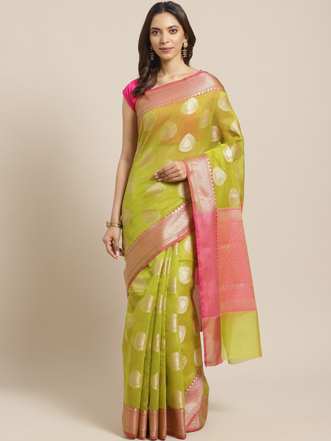 

BANARASI SILK WORKS Green & Pink Woven Design Zari Patola Banarasi Saree