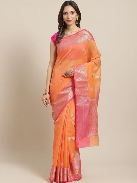 

BANARASI SILK WORKS Orange & Pink Woven Design Zari Patola Banarasi Saree