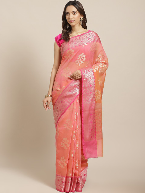 

BANARASI SILK WORKS Peach-Coloured & Golden Woven Design Zari Patola Banarasi Saree