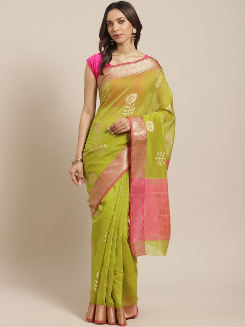 

BANARASI SILK WORKS Green & Pink Woven Design Zari Patola Banarasi Saree