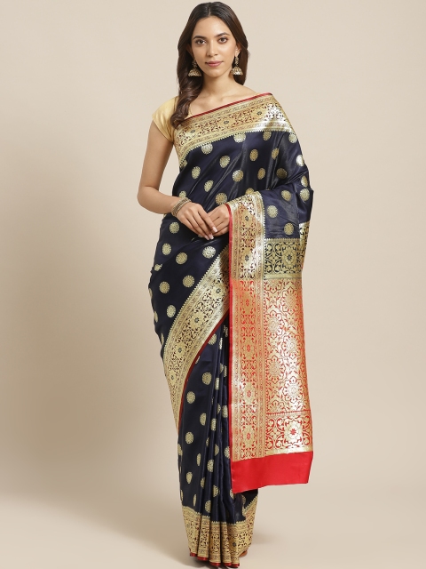 

BANARASI SILK WORKS Navy Blue & Golden Pure Silk Zari Woven Design Banarasi Saree