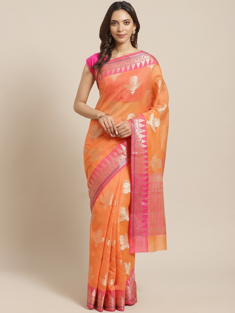 

BANARASI SILK WORKS Orange & Pink Woven Design Zari Patola Banarasi Saree