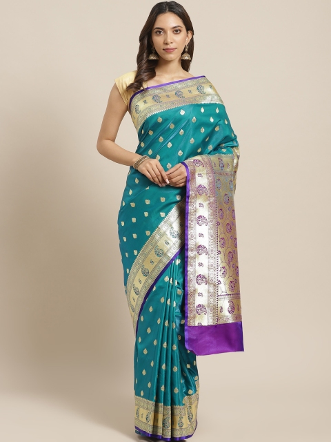 

BANARASI SILK WORKS Blue & Gold Pure Silk Zari Work Woven Design Banarasi Saree